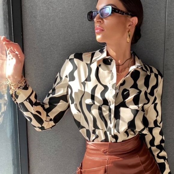 Tops - All over print button down blouse- S (NWOT)